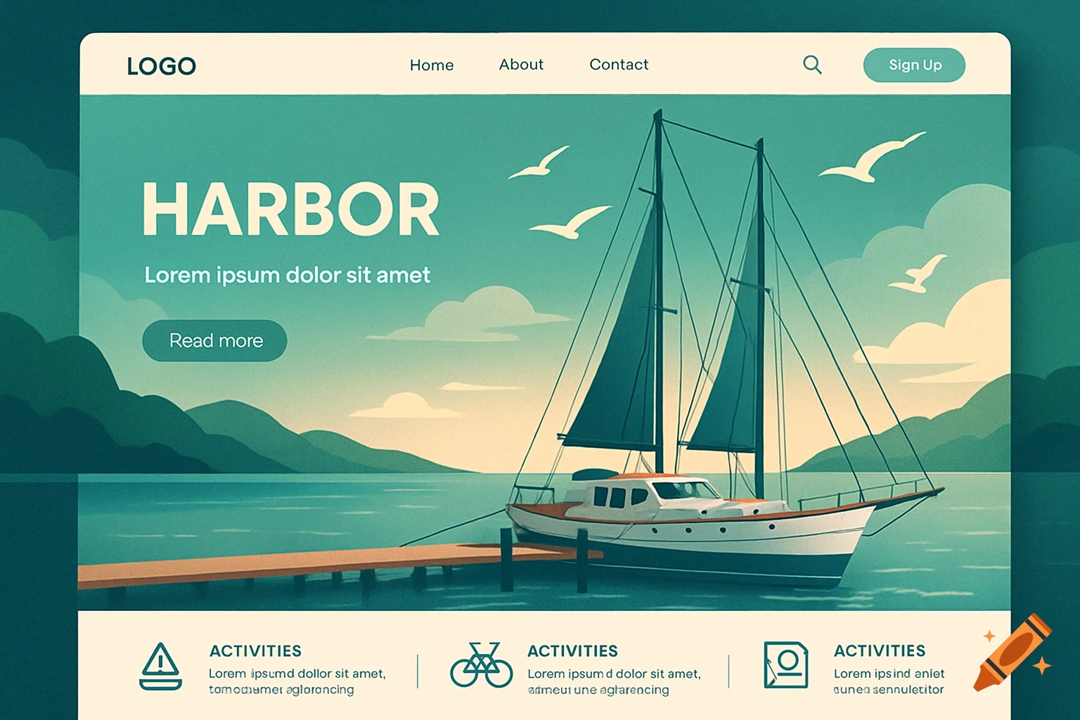Stylized website homepage for 'HARBOR' featuring a sailboat docked in a teal bay, with mountains in the background and gulls flying.
