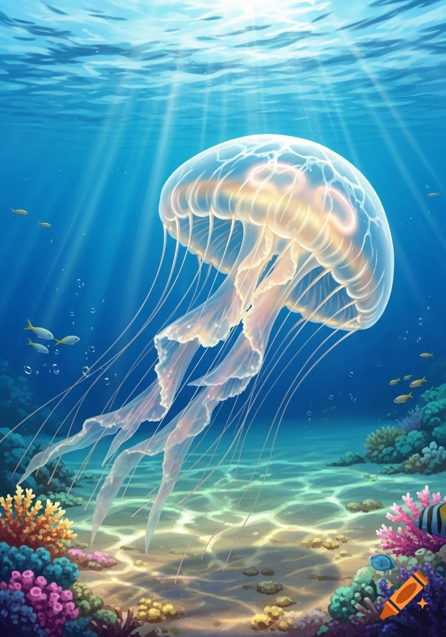A vibrant illustration of a glowing jellyfish swimming underwater amidst colorful coral reefs and small fish.