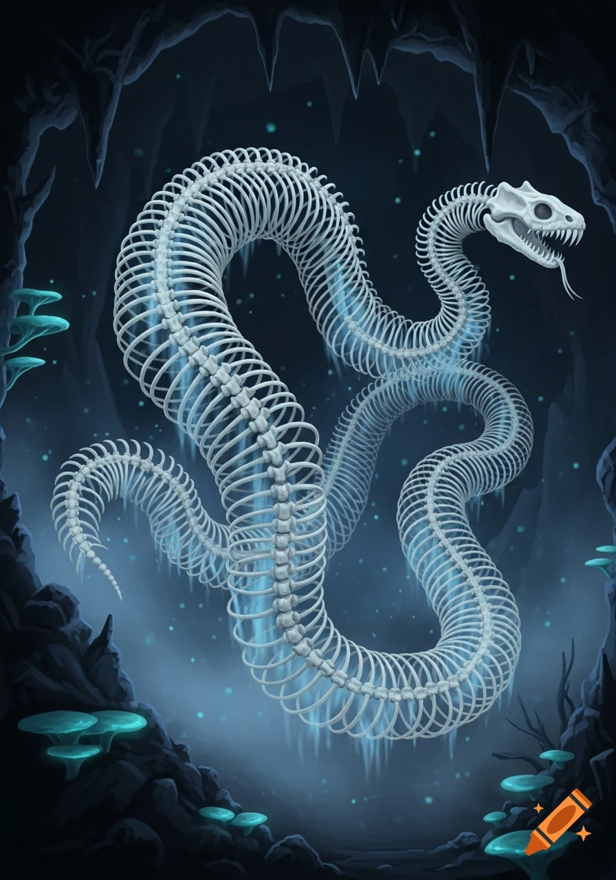 A glowing skeletal snake coils in a dark cave with bioluminescent blue mushrooms, fantasy illustration.