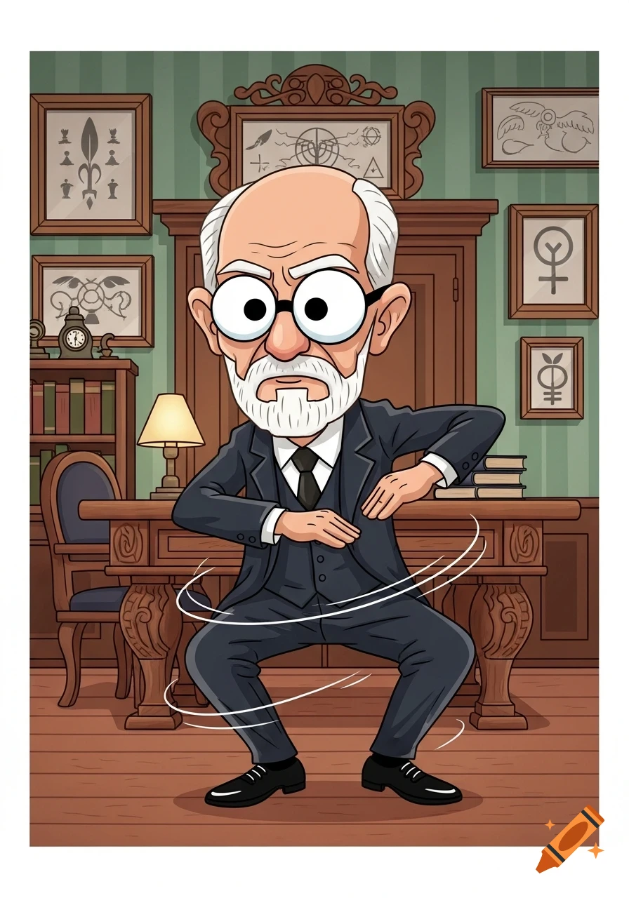 Cartoon Sigmund Freud with googly eyes doing a Russian squat dance in an office.