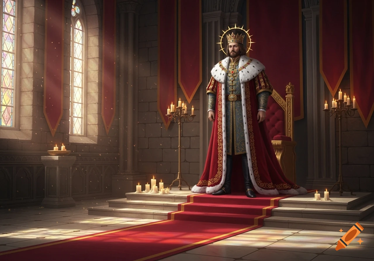 A regal king in a red and gold fur-trimmed robe and crown stands on a red carpet in a grand stone throne room with stained glass windows.
