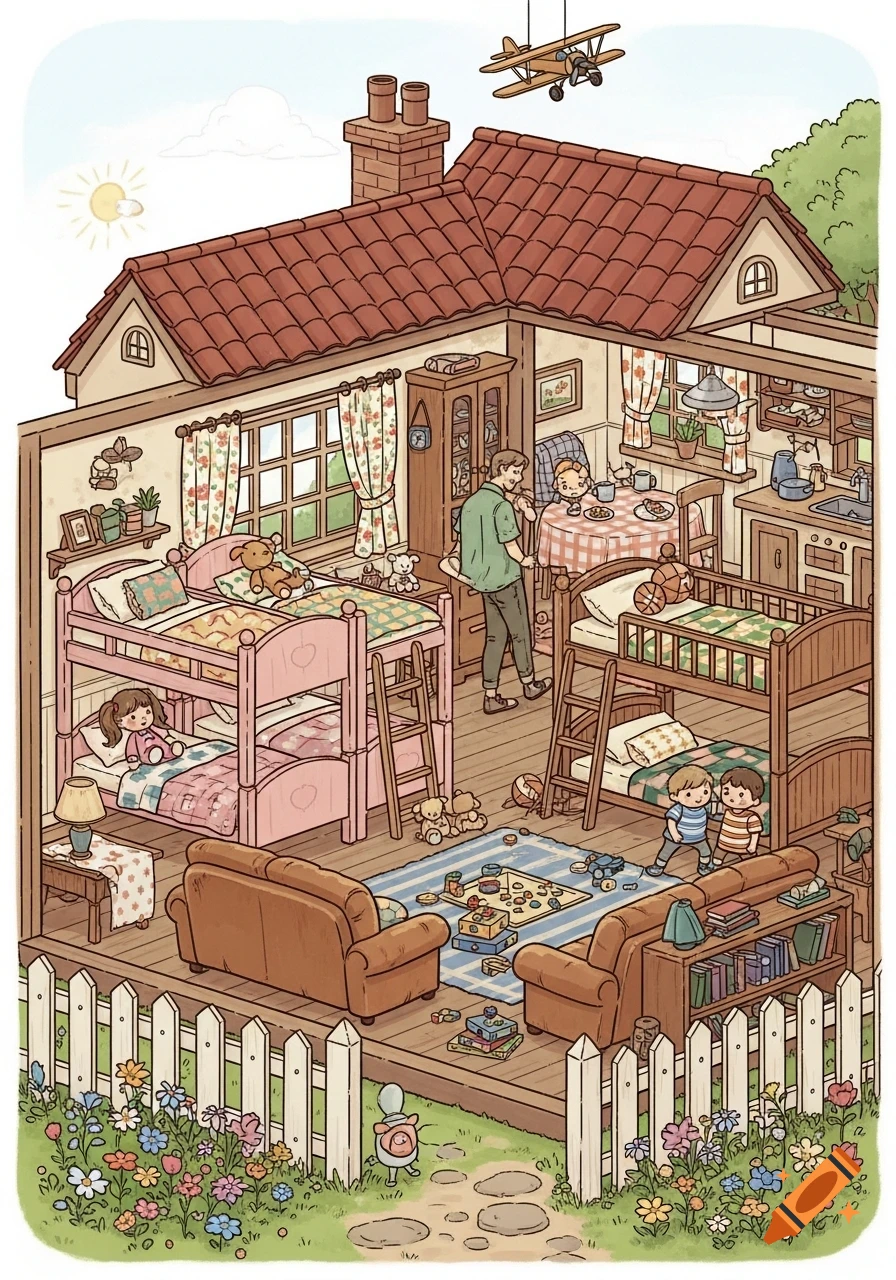 Detailed cartoon illustration of a cross-section of a cozy home with a father and children inside, bunk beds, a living room with toys, and a fenced yard with flowers.