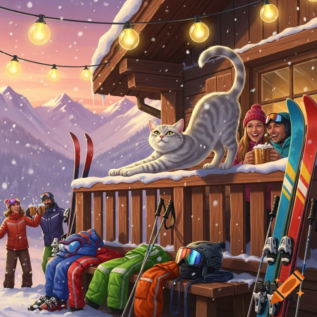 A stretching gray cat on a snowy cabin balcony overlooking skiers and mountains at sunset, with string lights.
