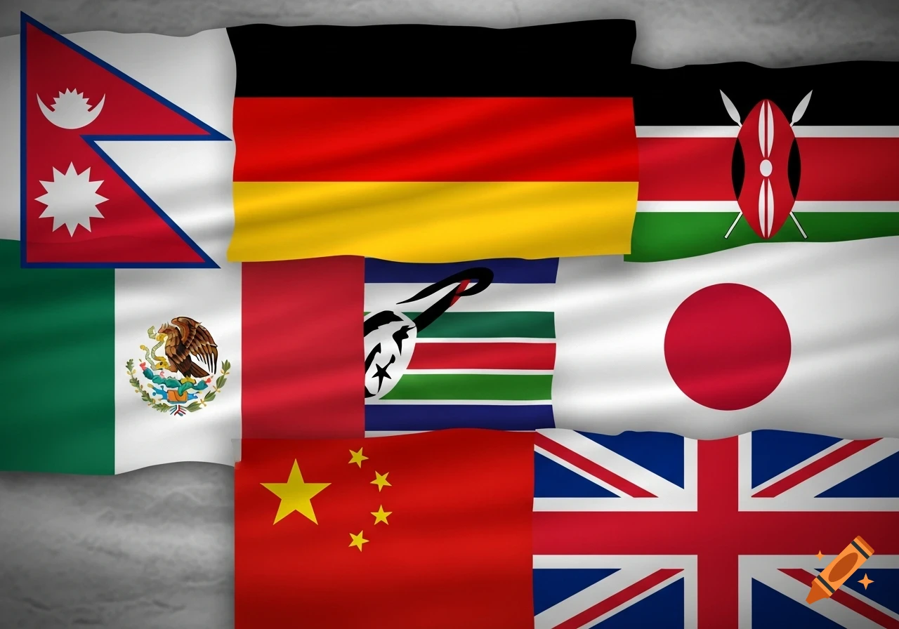 A collage of flags from Nepal, Germany, Kenya, Mexico, Japan, China, and the United Kingdom, rendered with a waving fabric texture.