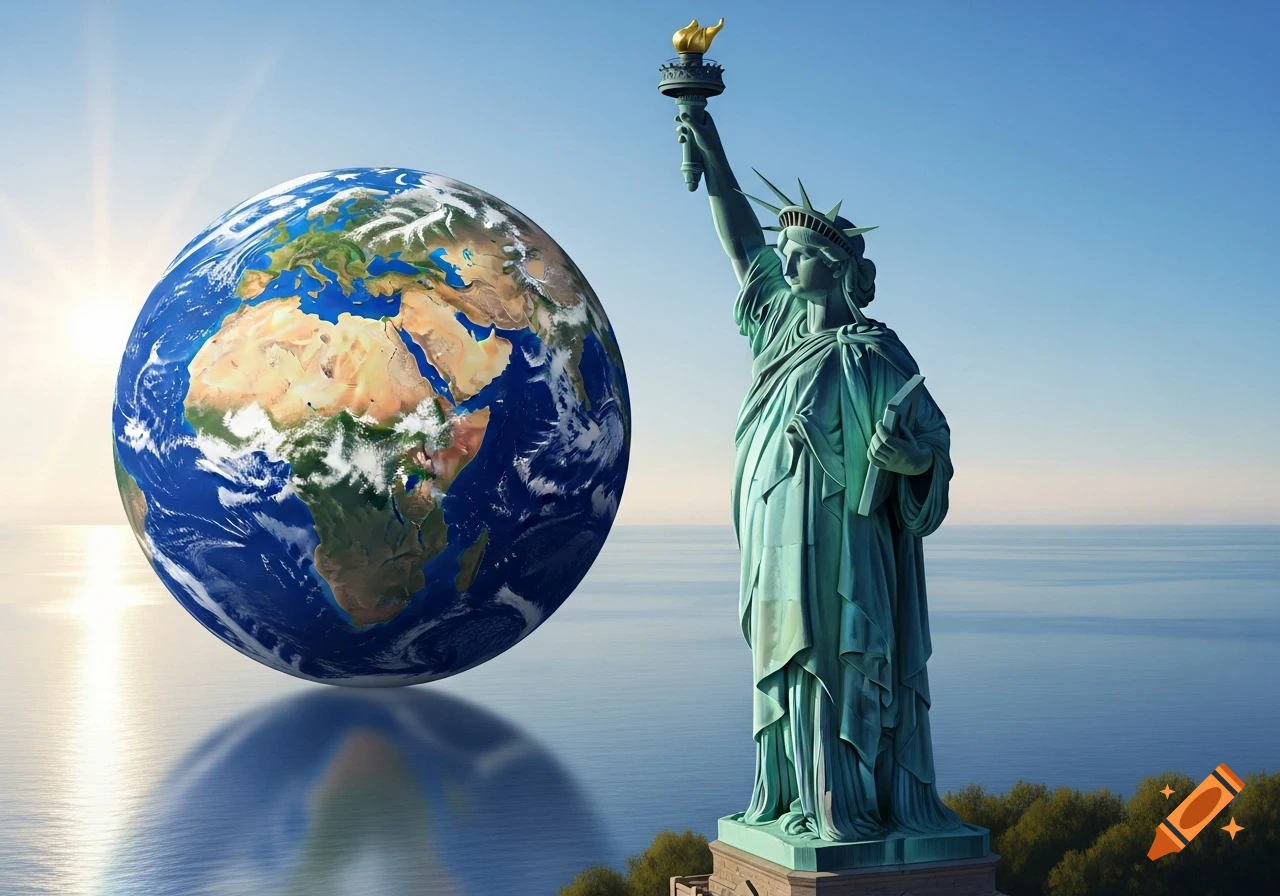 Statue of Liberty standing next to a large Earth globe floating over a calm ocean with a clear blue sky.