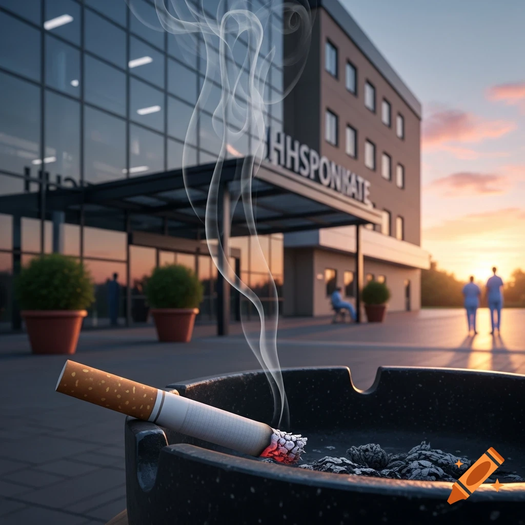 A photorealistic image of a lit cigarette in an ashtray, with smoke rising, in front of a modern building at sunset.
