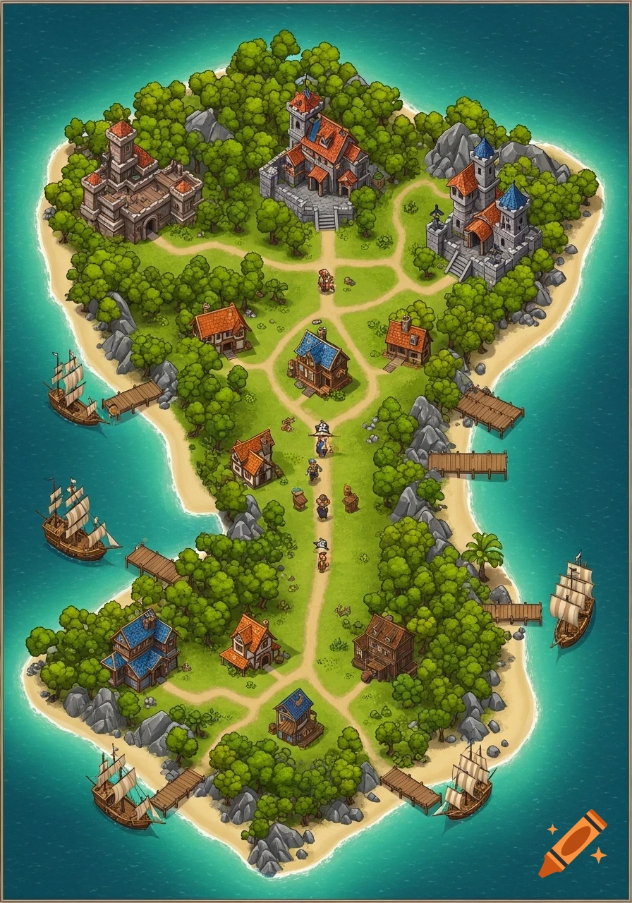 An isometric top-down map of a lush pirate island with castles, houses, docks, and ships in the surrounding blue water.