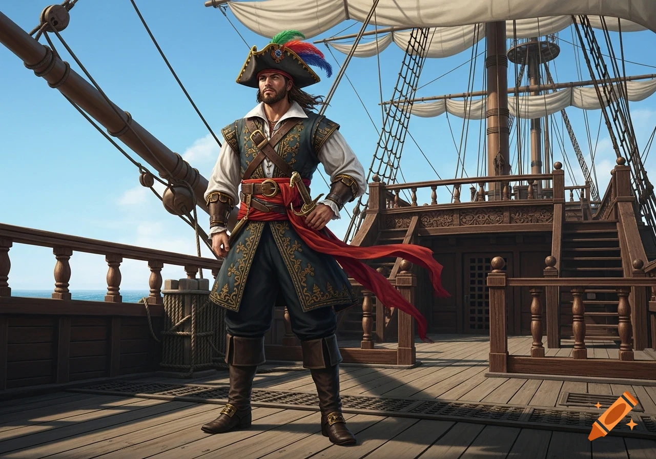 A confident male pirate in an elaborate costume with a plumed hat and sword stands on the wooden deck of a large sailing ship under a clear blue sky.