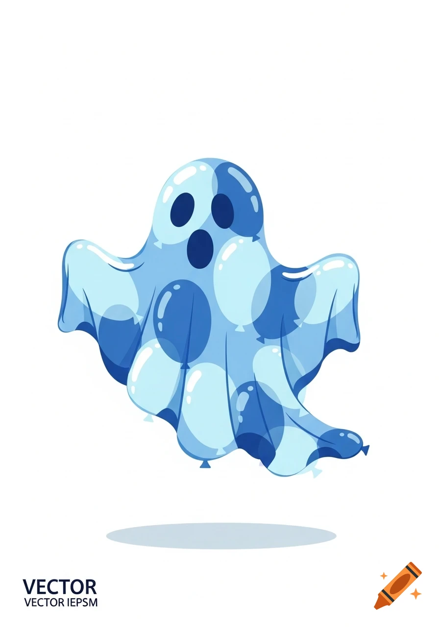 A cartoon ghost, light blue and dark blue, made of balloons, floats with a shadow beneath it on a white background.