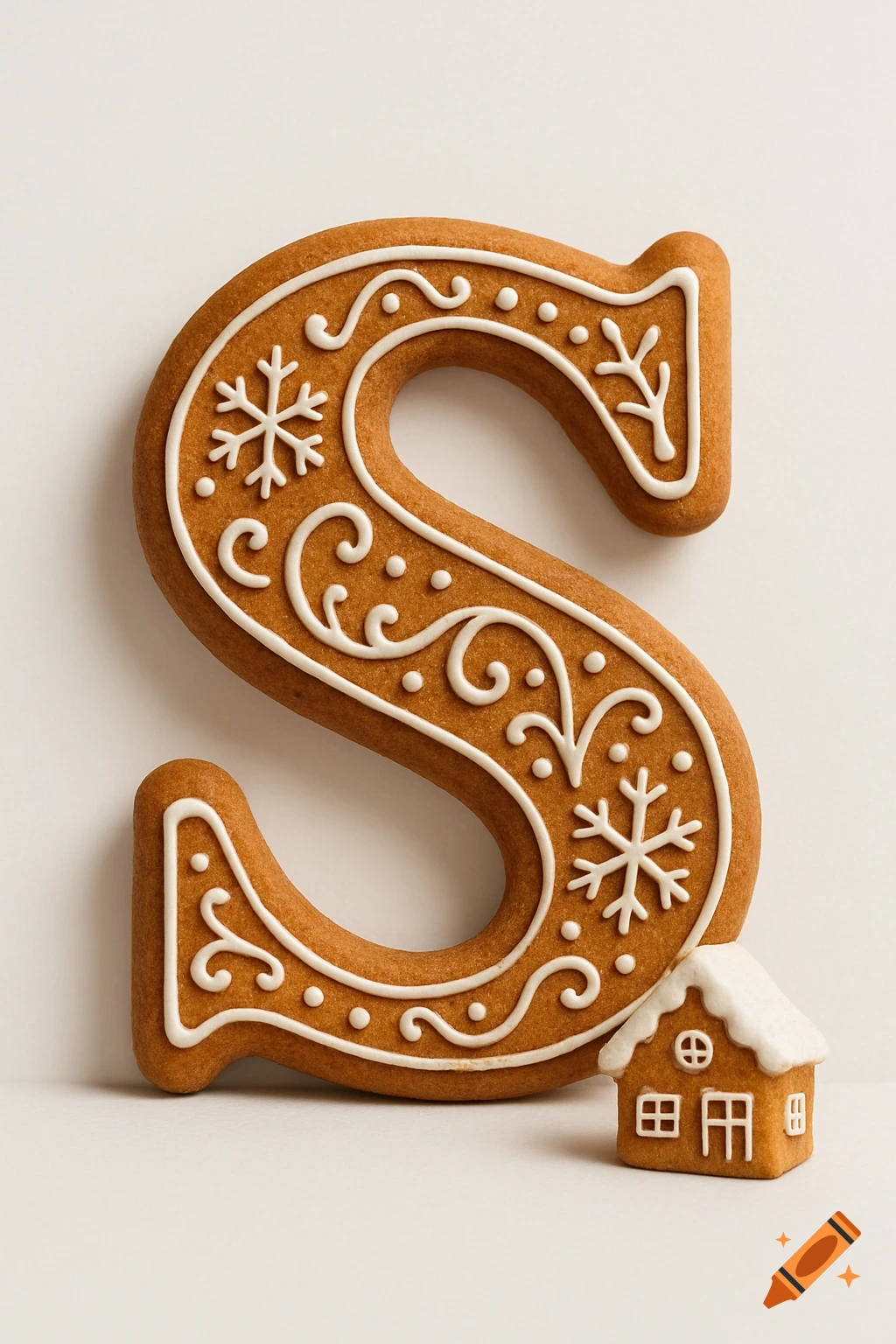 Photorealistic gingerbread letter S with white icing, next to a small gingerbread house, on a white background.