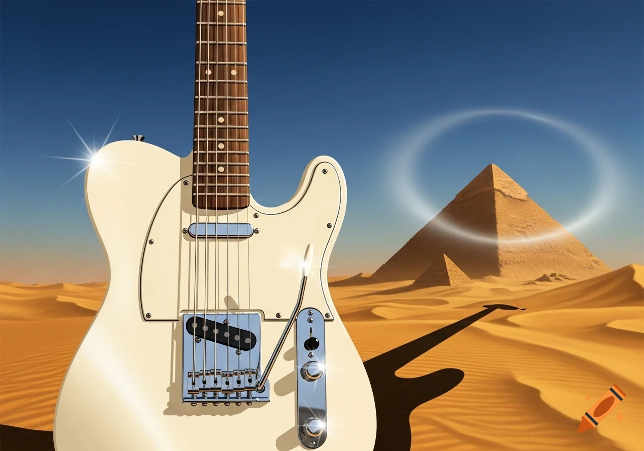 Close-up of a white electric guitar standing in a desert landscape with large pyramids under a clear blue sky.