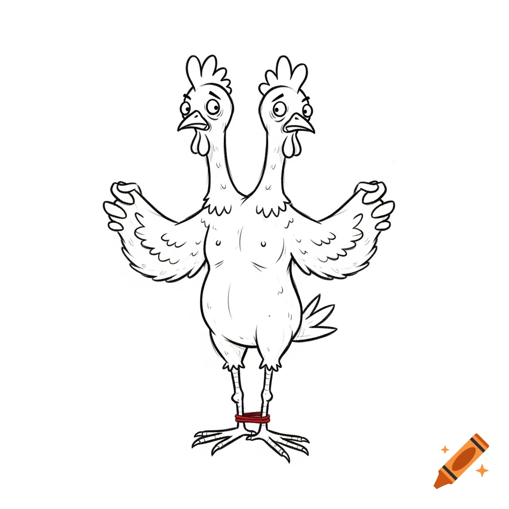 A cartoon two-headed chicken with a skinny, plucked body, open wings, and ankles tied with a red rubber band, in a shaky black line art style.