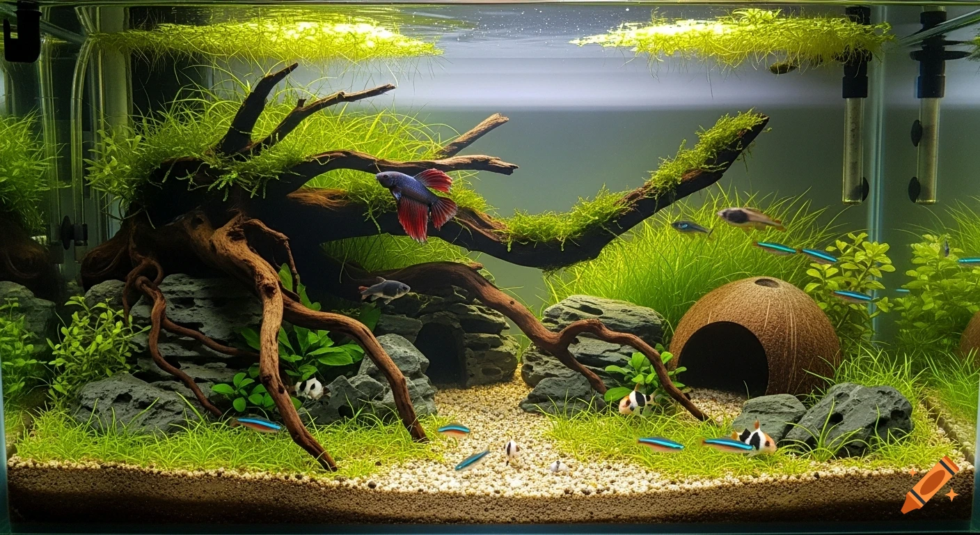 A thriving freshwater aquascape featuring a betta fish, neon tetras, and panda corydoras swimming amongst lush green plants, driftwood, rocks, and a coconut hideout.