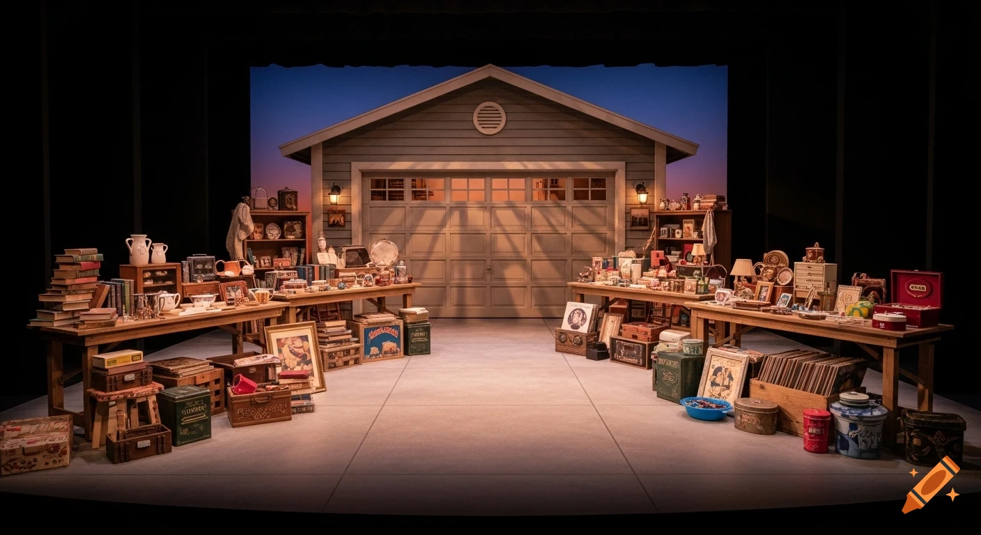 A meticulously arranged stage set resembling a garage sale in a suburban driveway, with wooden tables overflowing with vintage items, books, and trinkets, against a garage facade with a sunset sky backdrop.