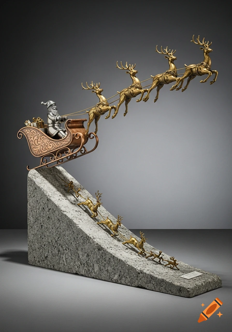 A metallic Santa Claus figurine in a copper sled pulled by brass reindeer, arranged on a granite block.