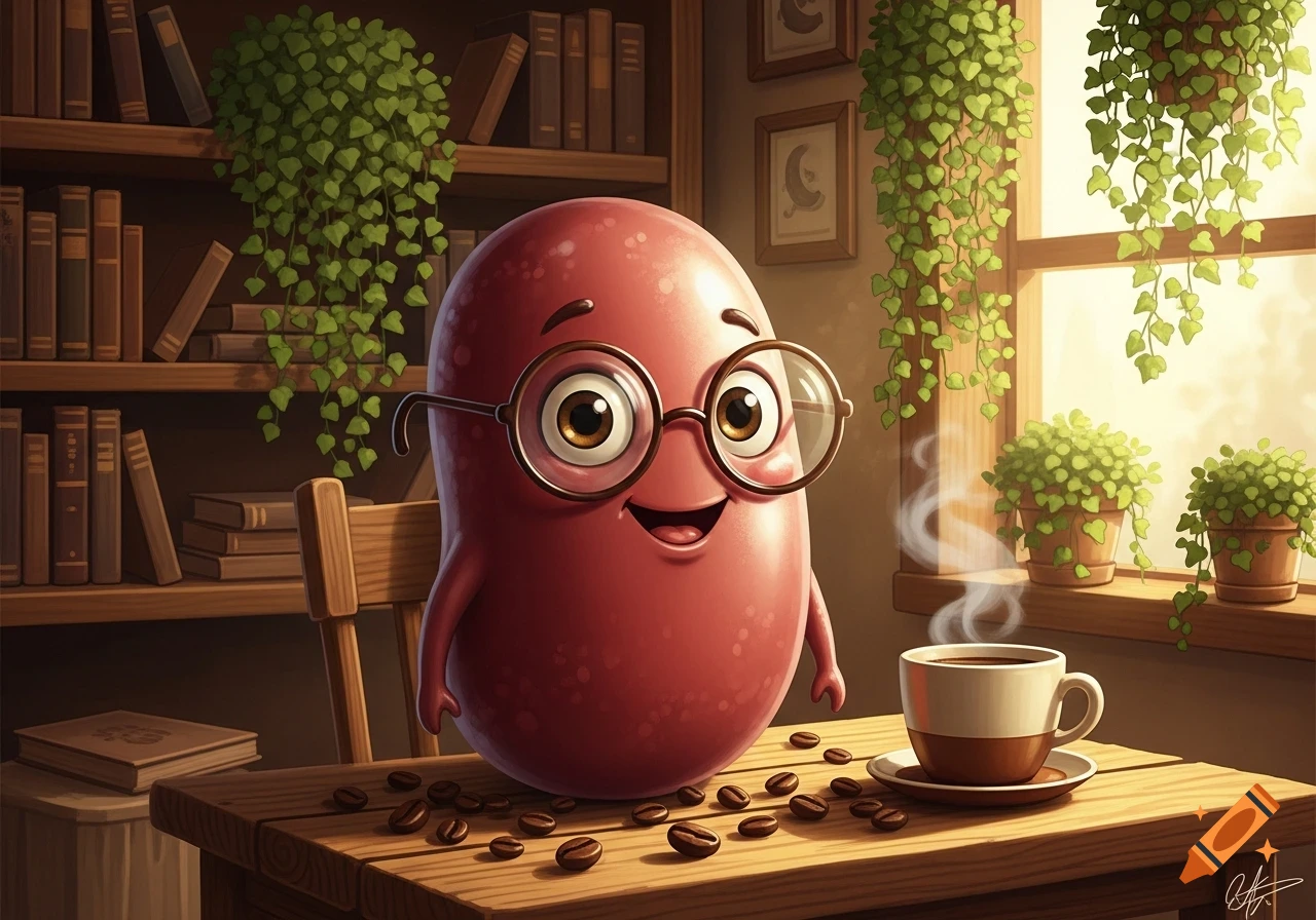 A cute, smiling red bean character with glasses sits at a wooden table with a coffee cup and beans, surrounded by bookshelves and plants.