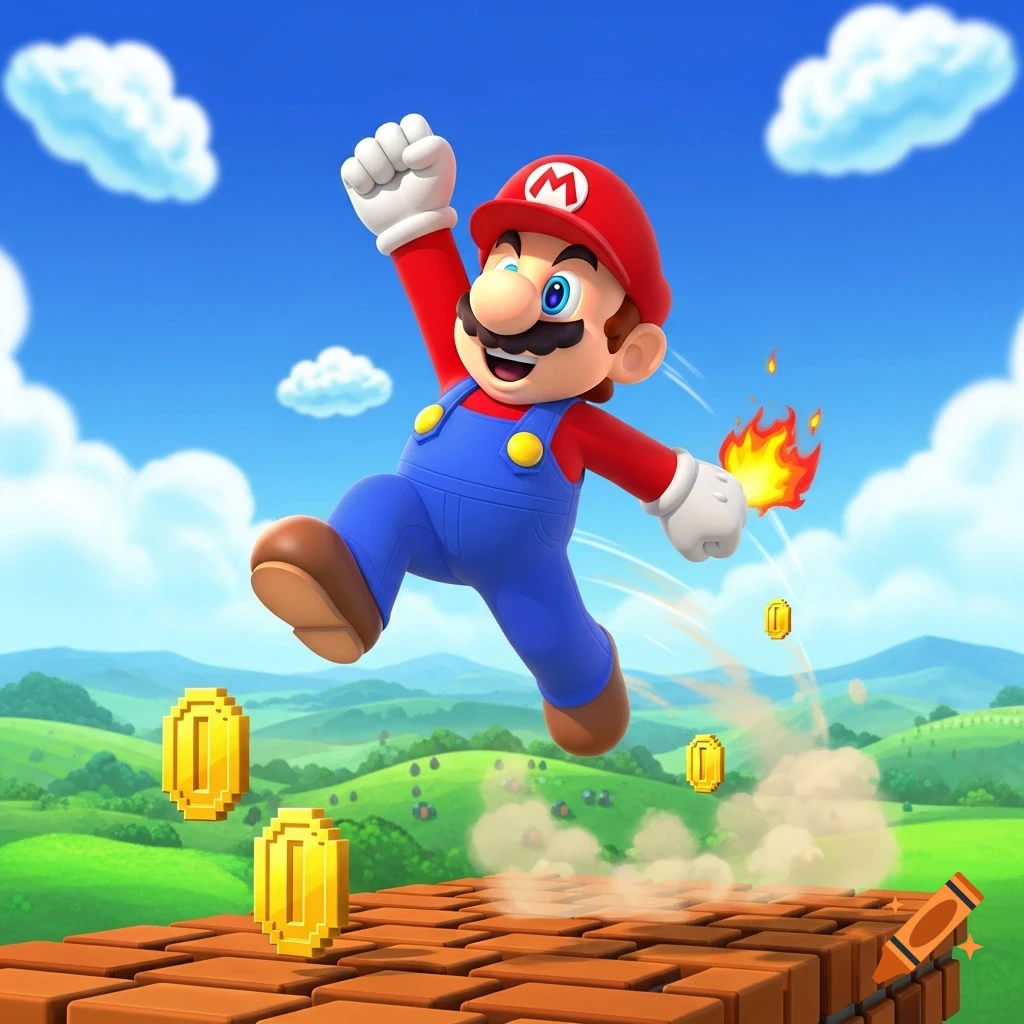 Mario jumps excitedly with a fiery fist, collecting golden coins above ...