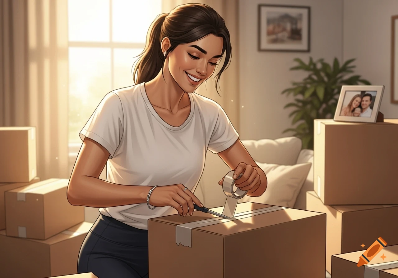 A smiling woman with a ponytail taping a moving box in a sunlit room filled with boxes, photorealistic style.