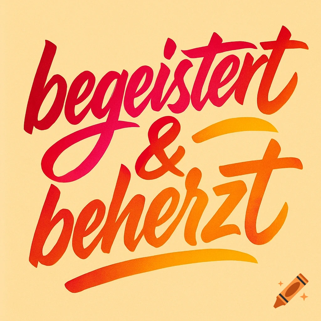 Hand-lettered German words 'begeistert & beherzt' in red and orange gradient on a light yellow background.