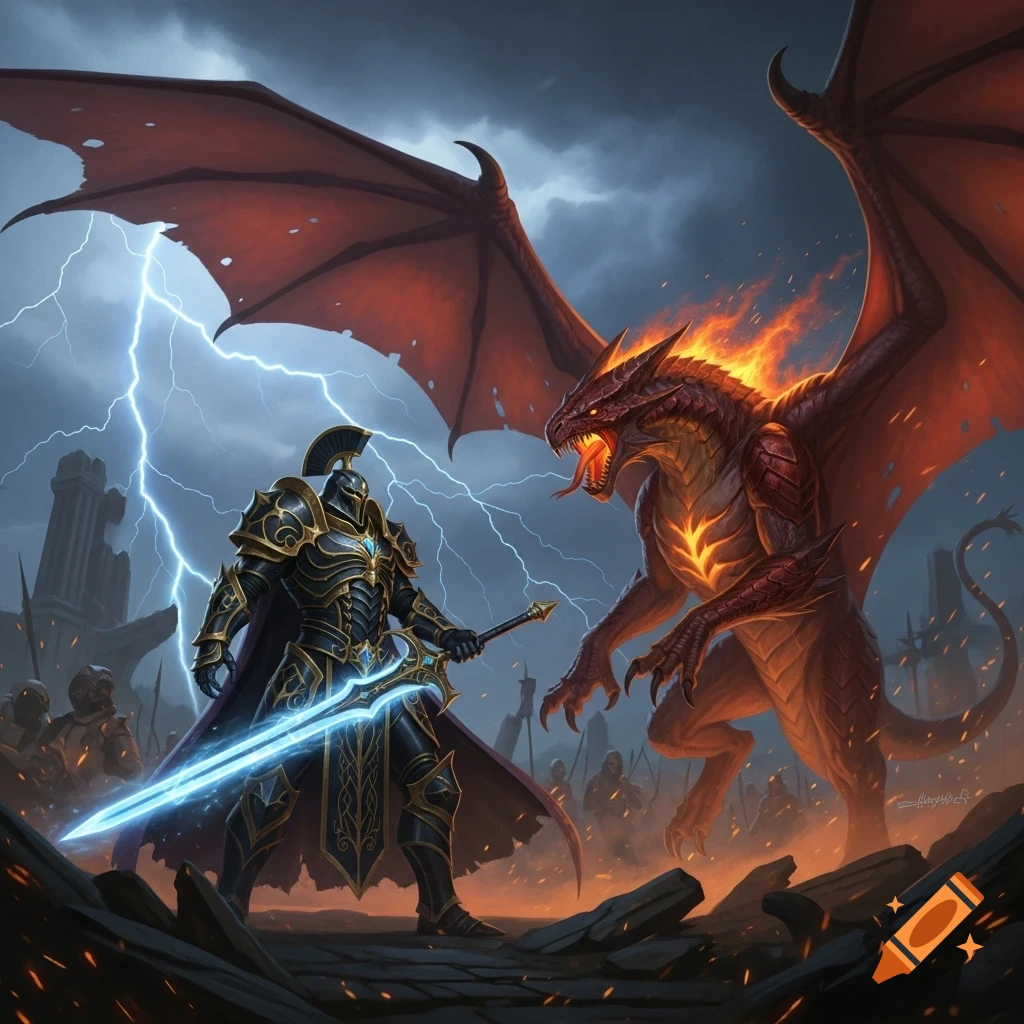 A knight in dark armor with a glowing blue sword battles a fiery red dragon under a stormy sky with lightning, in a detailed fantasy art style.