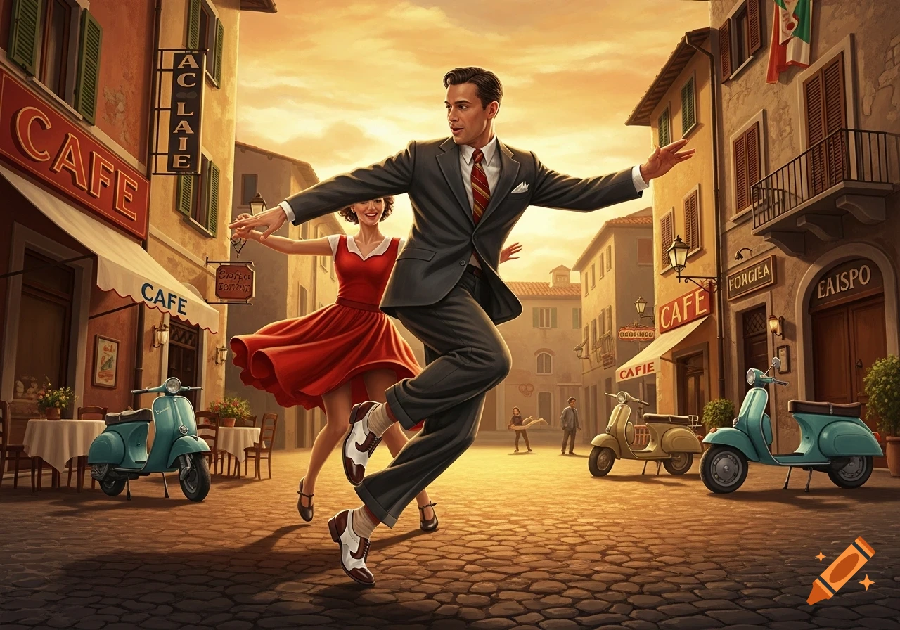 A man and woman in vintage 1940s-50s clothing joyfully dance Lindy Hop in a vibrant, retro Italian street scene at sunset, with cafes and Vespas lining the cobblestone street.
