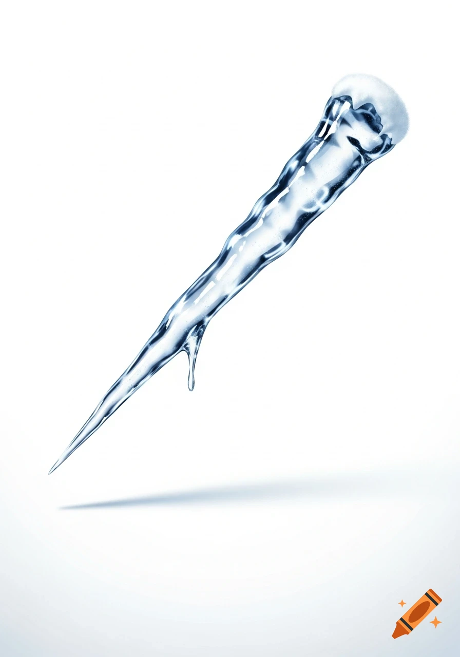 A detailed, sharp icicle with a drip, casting a shadow on a pure white background, photorealistic style.