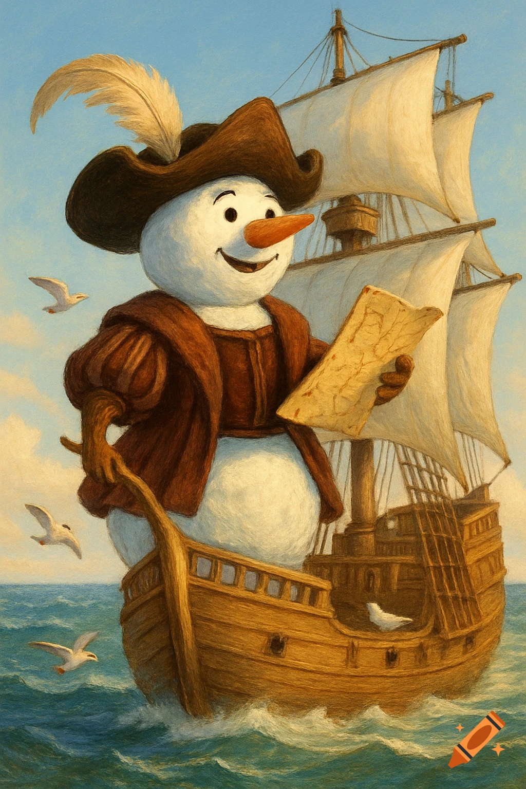 Painterly illustration of a snowman explorer in a feathered hat and tunic, standing on a sailing ship, studying a map on a wavy ocean with seagulls.