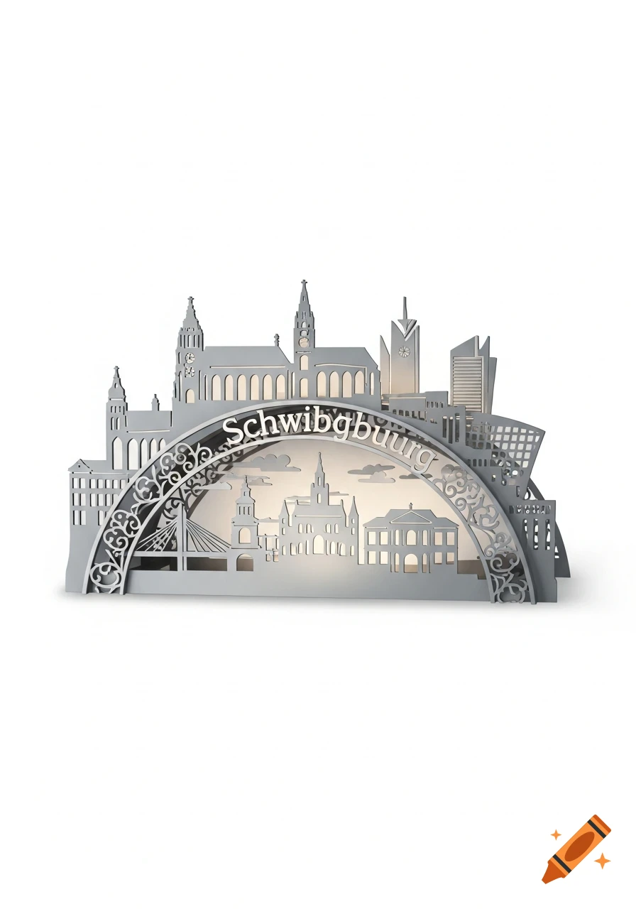 A silver, intricate Schwibbogen decoration featuring a detailed cityscape silhouette with an arch and glowing windows, against a white background.