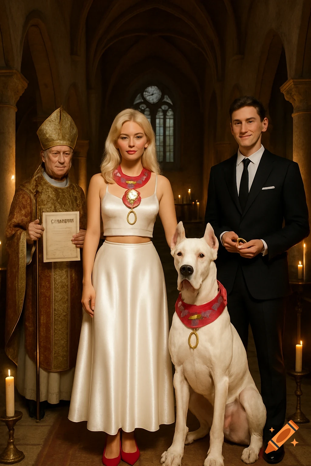 A woman in a white crop top and skirt, a man in a suit, and a white Great Dane stand in a dimly lit church with a priest holding a certificate.