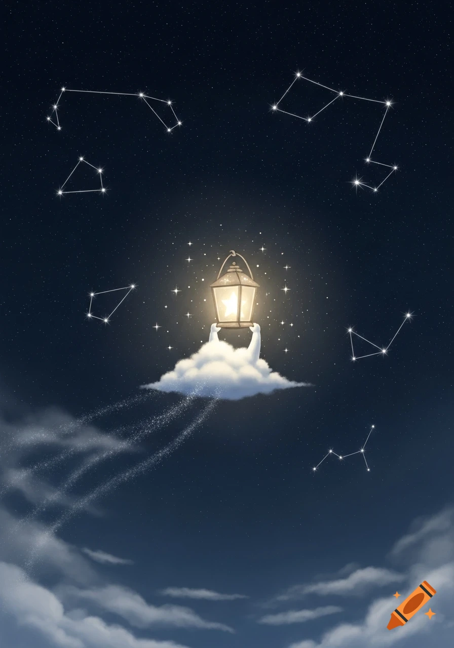 A whimsical illustration of a tiny cloud holding a glowing lantern, floating through a dark starry night sky with constellations.