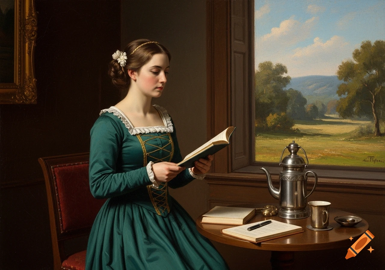 A young woman in a teal historical dress reads a book by a window, with a silver teapot and a landscape painting visible outside, in a classical art style.