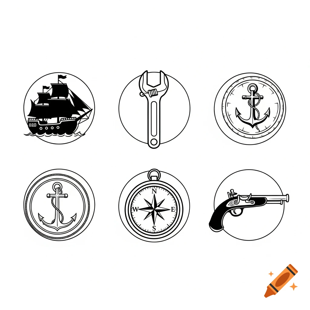 A set of six simple monochrome icons in circles on a white background, depicting a pirate ship, a wrench, an anchor, a compass, and a flintlock pistol.