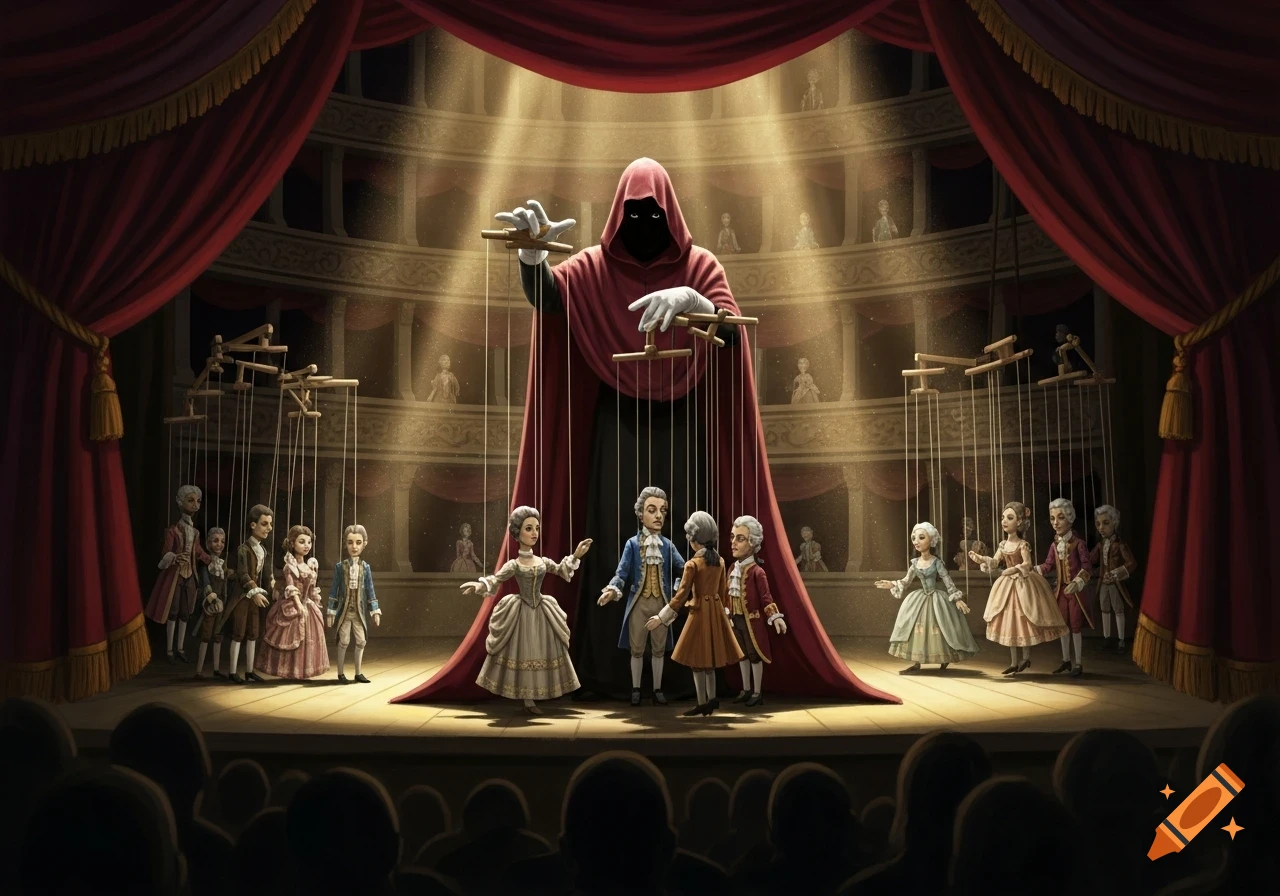 A dark cloaked master puppeteer on a stage controls numerous smaller puppets dressed in historical attire before an audience.