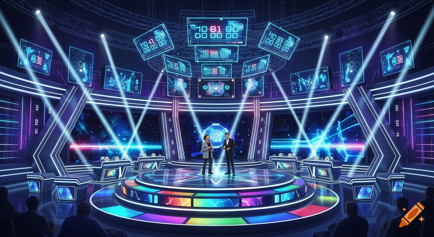 Two men on a bright, futuristic game show stage with many glowing screens displaying data and numbers, under spotlights.