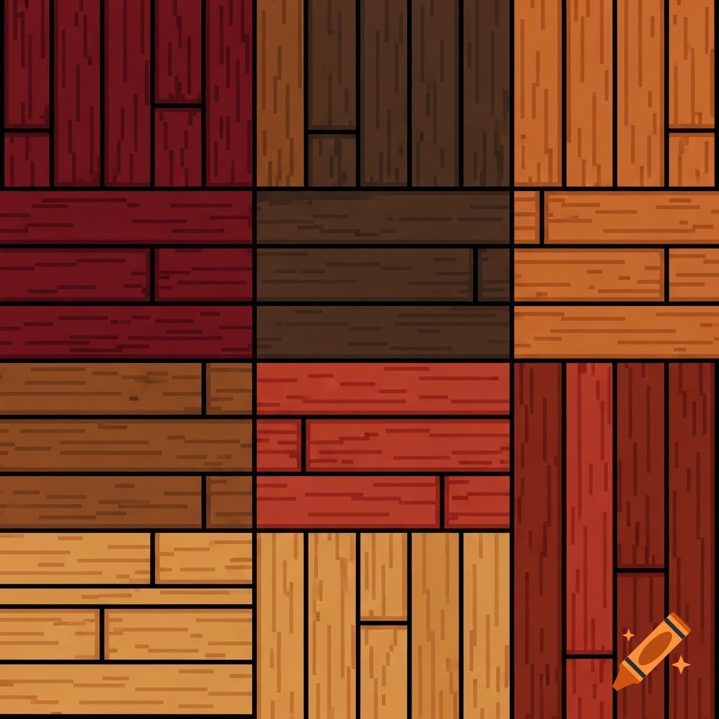 An 8-bit tileable wood floor pattern featuring planks in shades of red, brown, and orange.