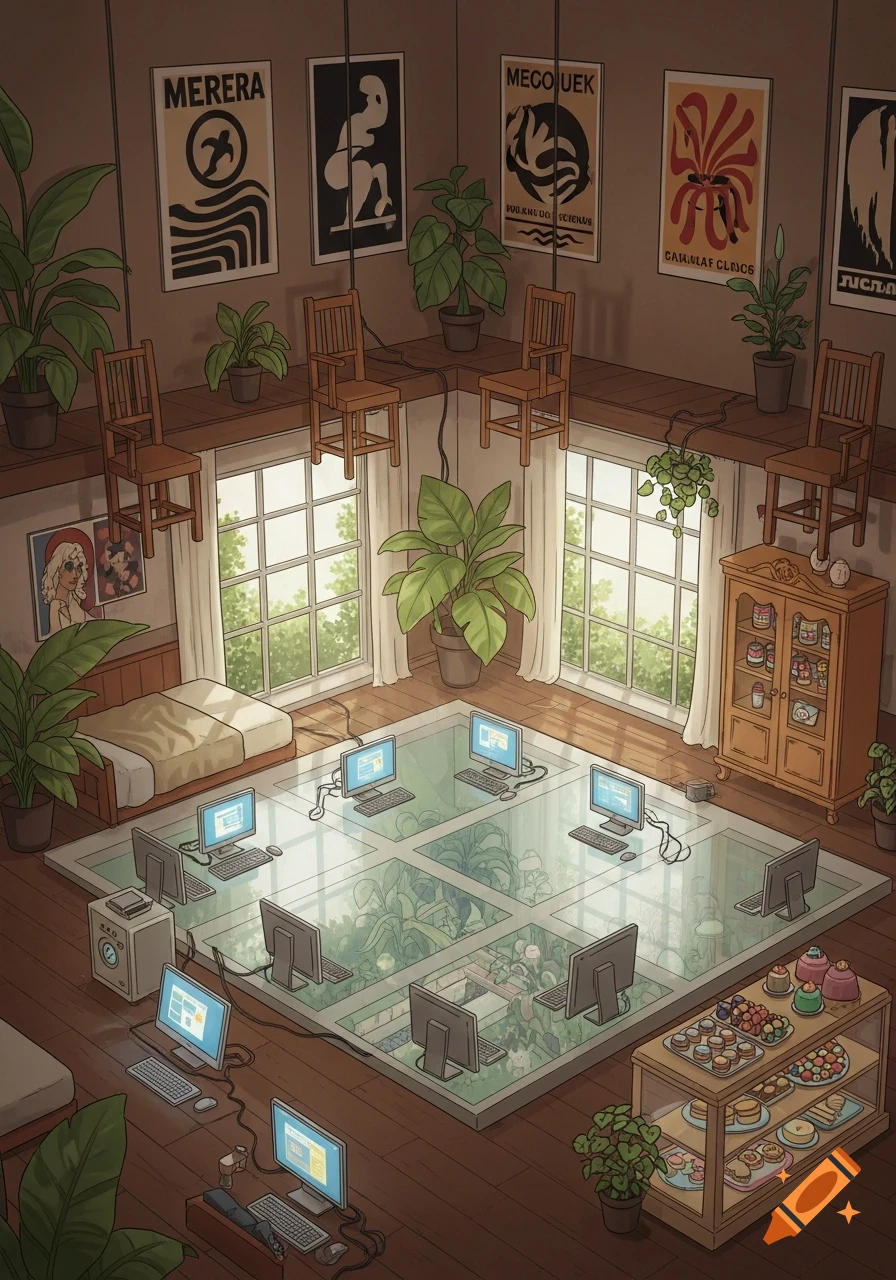 An isometric stylized room with chairs hanging from the walls, computers on a glass floor revealing plants beneath, a bed, and a dessert cabinet.