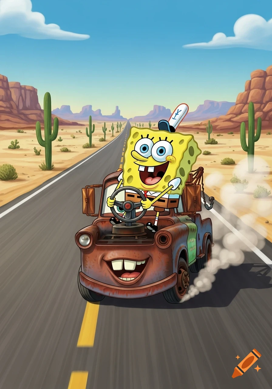 SpongeBob SquarePants with a baseball cap drives Mater the tow truck down a desert road with cacti and mesas under a blue sky.
