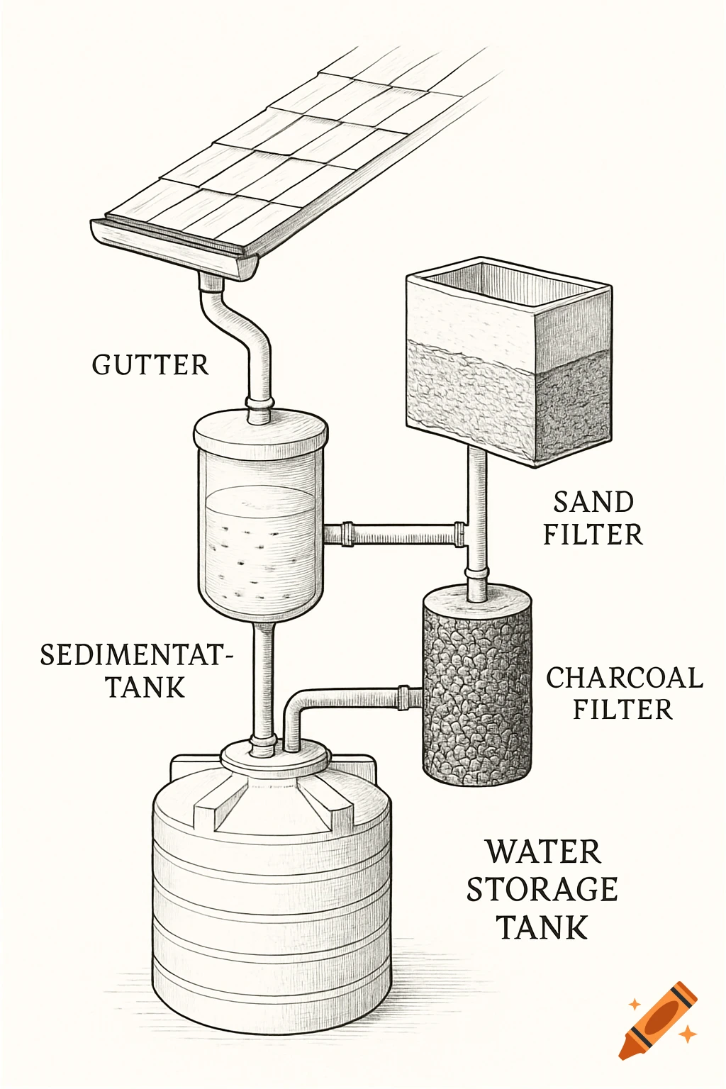 Outline drawing of a labeled rainwater filtration system diagram showing a gutter, tanks, and filters.