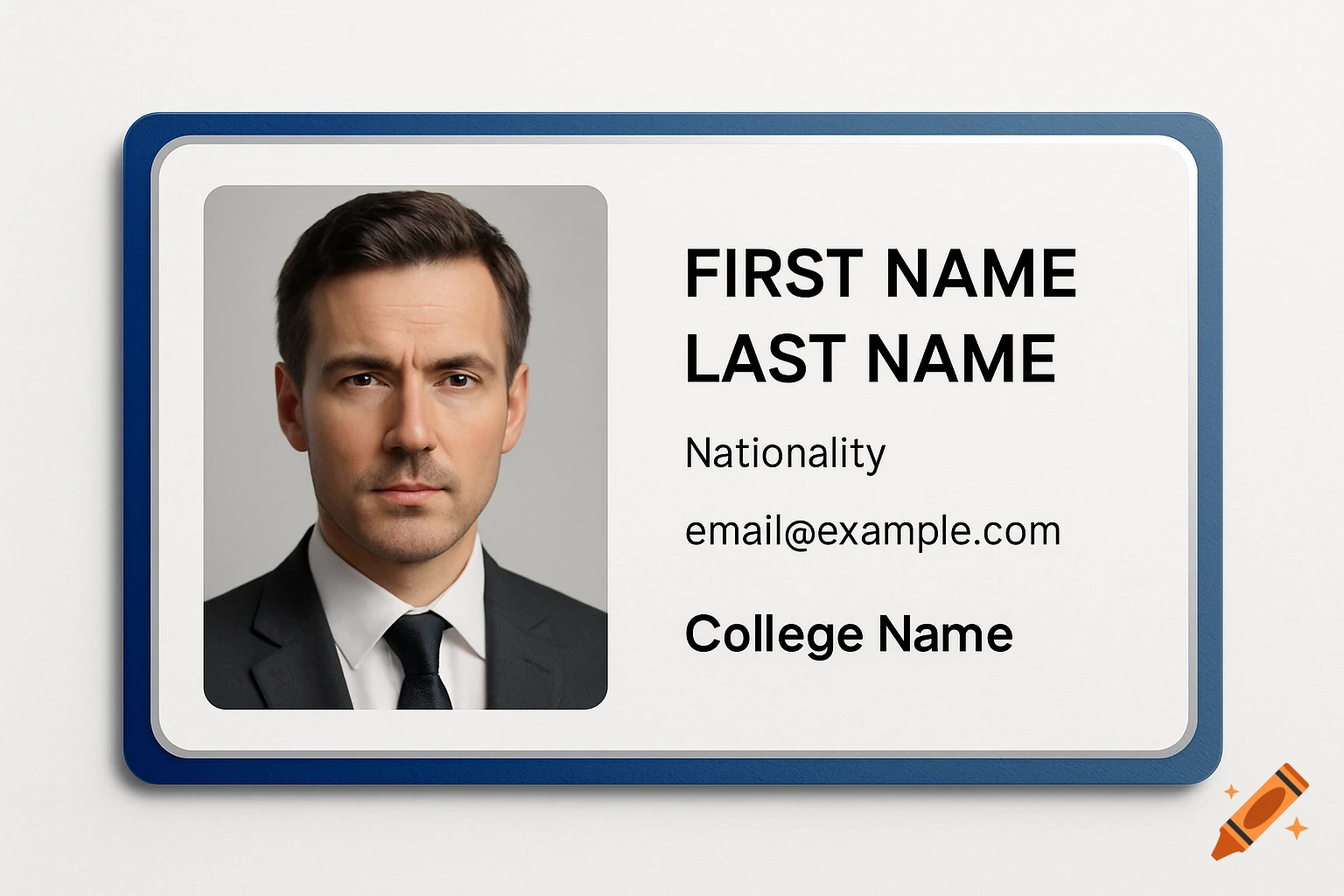 A white ID card with a blue border, featuring a portrait of a man in a suit and placeholder text for personal information.