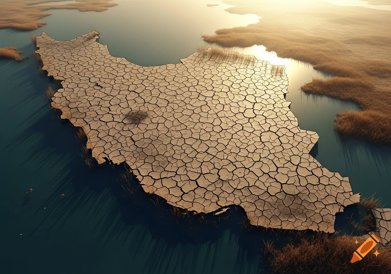 Aerial view of a map of Iran, featuring cracked dry earth surrounded by water and golden reeds at sunset.