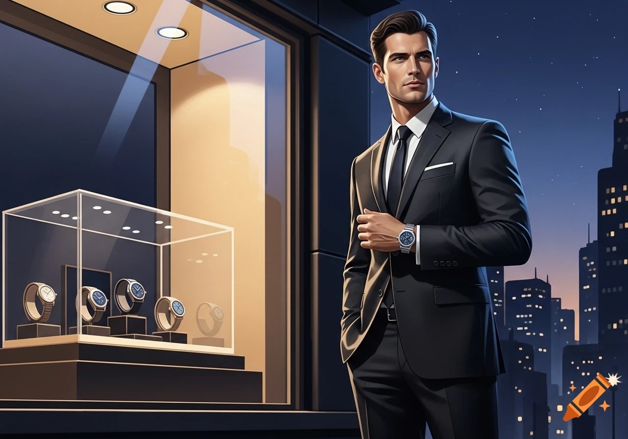 A man in a suit wearing a watch stands next to a luxury watch display case in a city at night.
