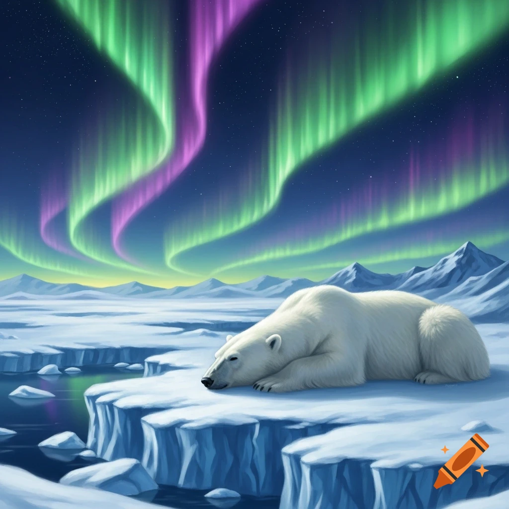 A polar bear sleeps on an ice floe under vibrant green and purple aurora borealis over a snowy arctic landscape.