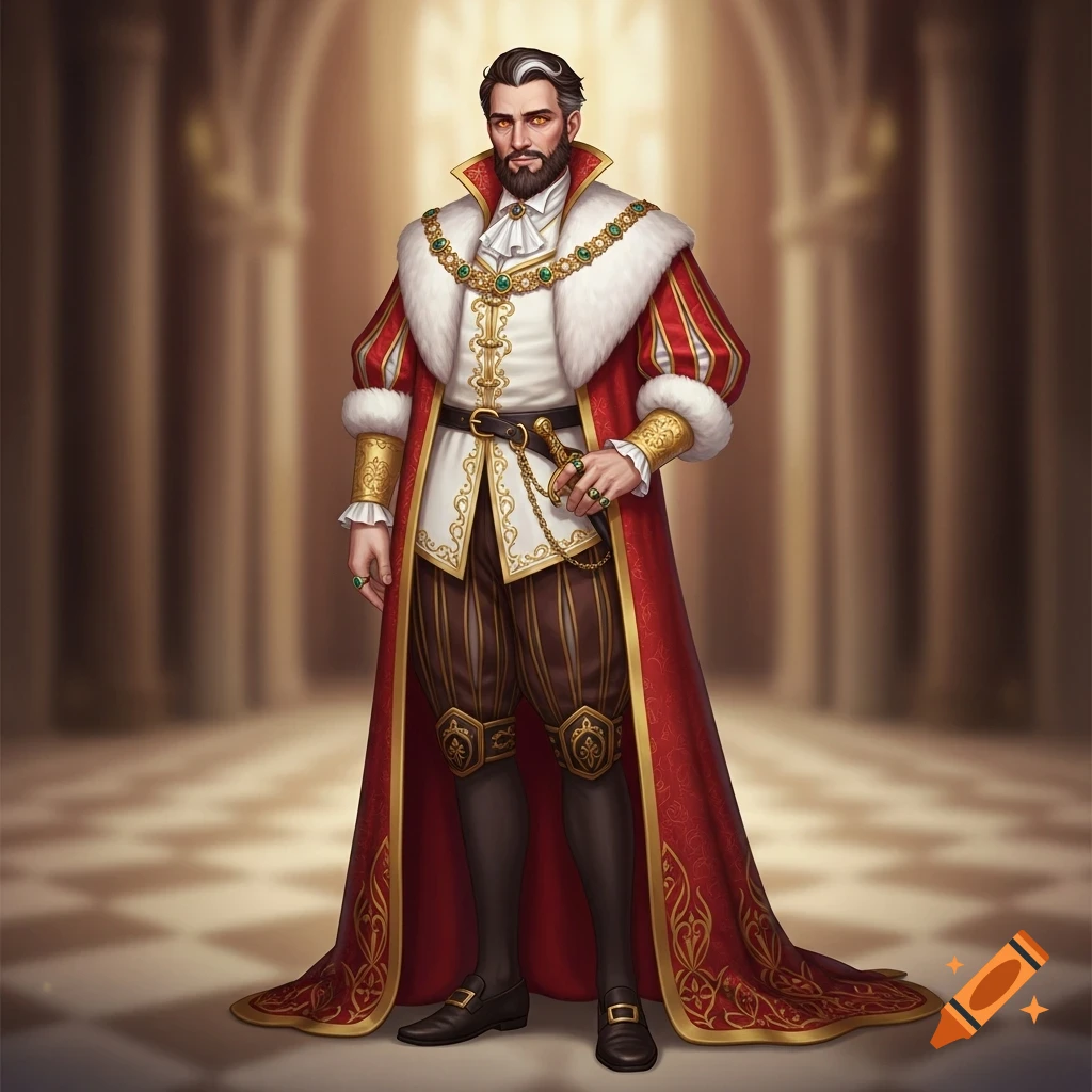 A regal man with a beard and orange eyes wears a red and gold robe over a white doublet in a grand hall.