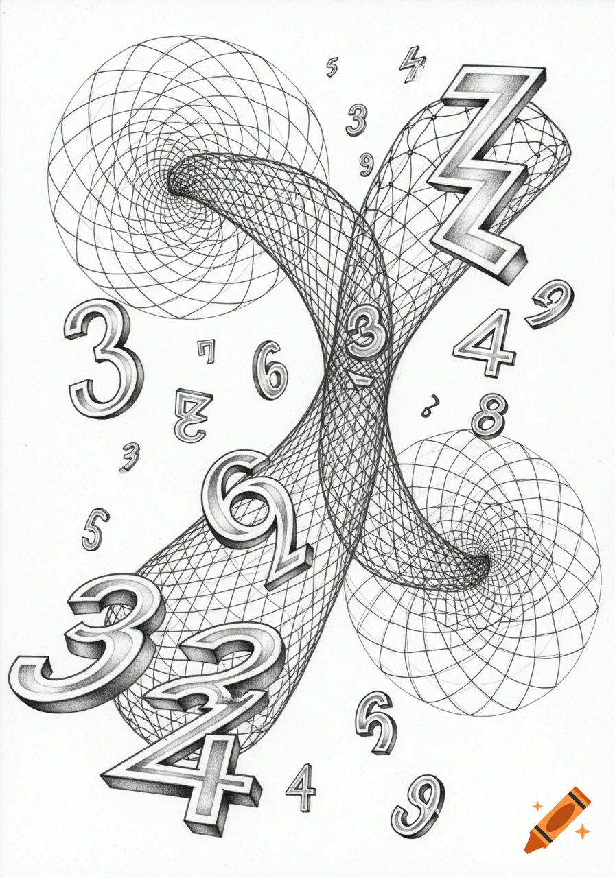 A black and white pencil sketch of various numbers floating and interweaving with abstract, mesh-like spiral forms.