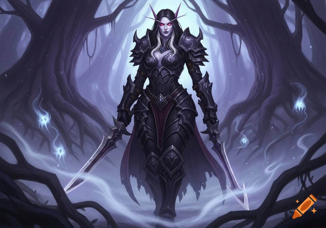 A dark elf female warrior in black armor with glowing red eyes, holding ...
