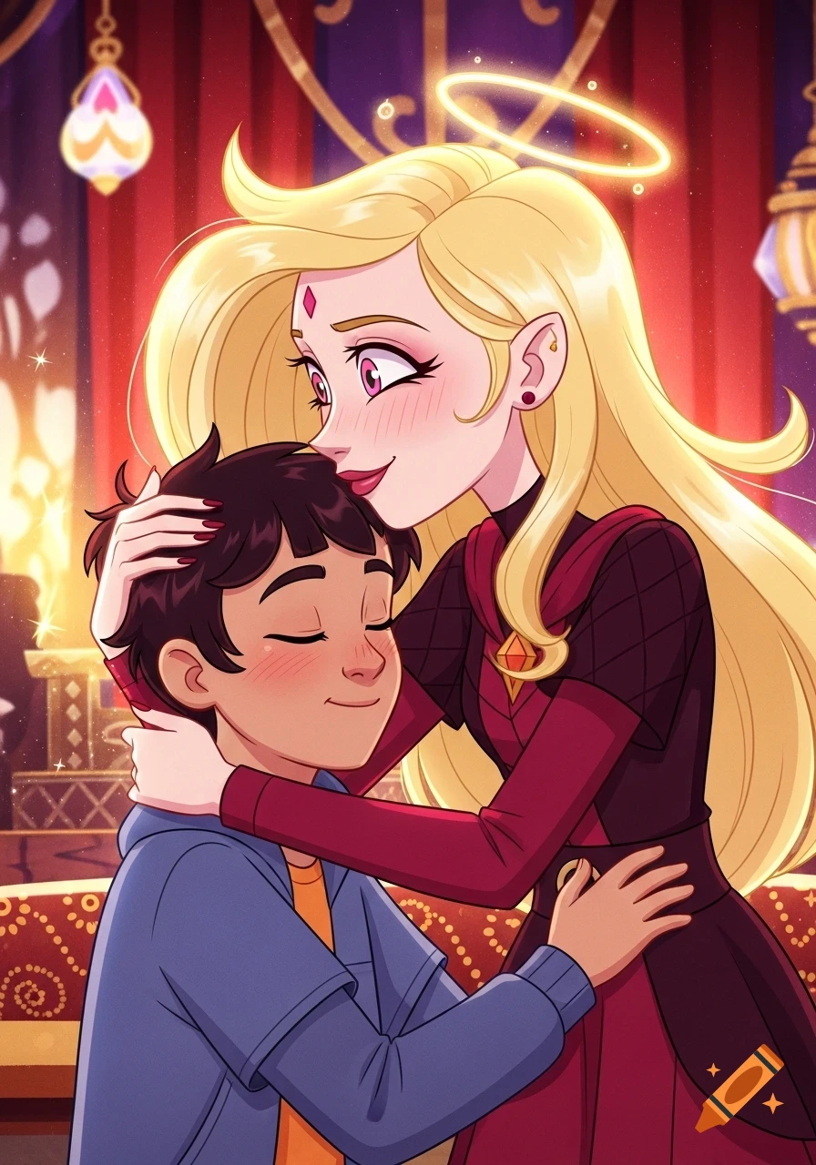 Blonde cartoon woman with a halo hugging and kissing a dark-haired young man's forehead in an ornate room.
