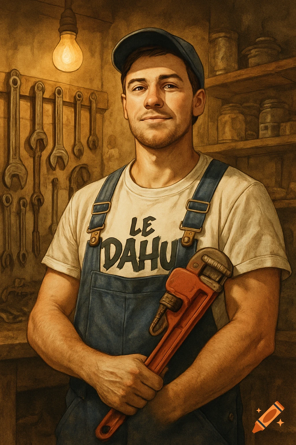 A smiling man in a plumber's uniform, holding a red wrench in a rustic workshop setting.