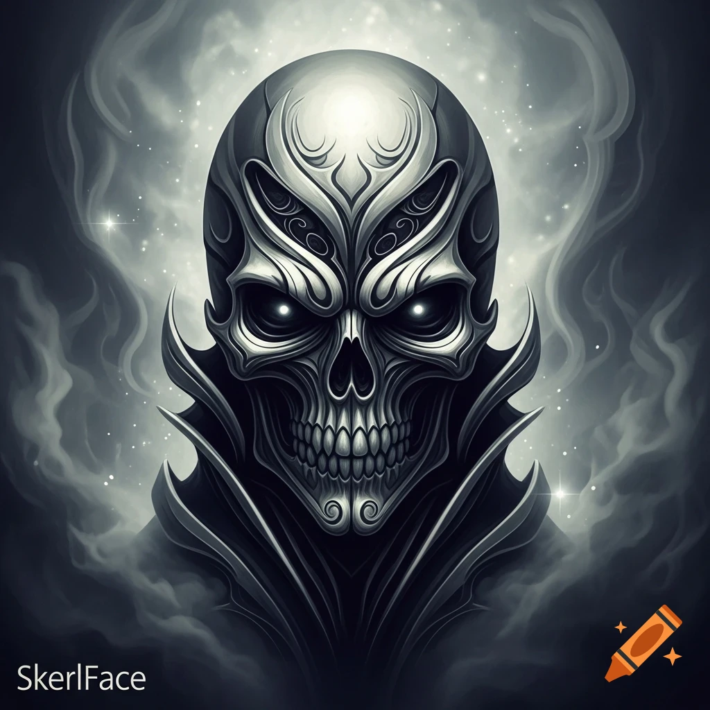 A stylized, dark silver and black skull with glowing white eyes and intricate metallic patterns, emerging from smoky clouds.