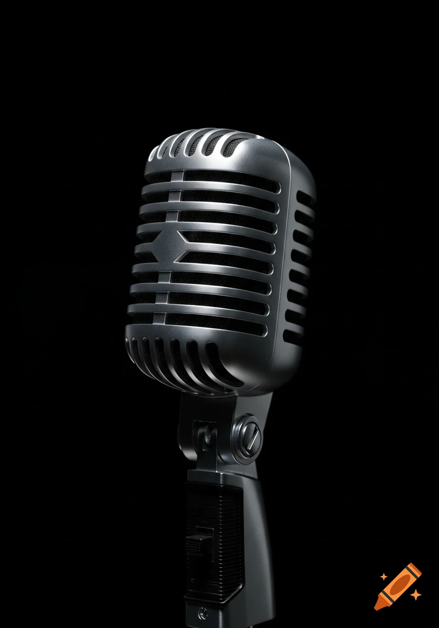 A close-up, photorealistic shot of a vintage silver microphone on a black background.