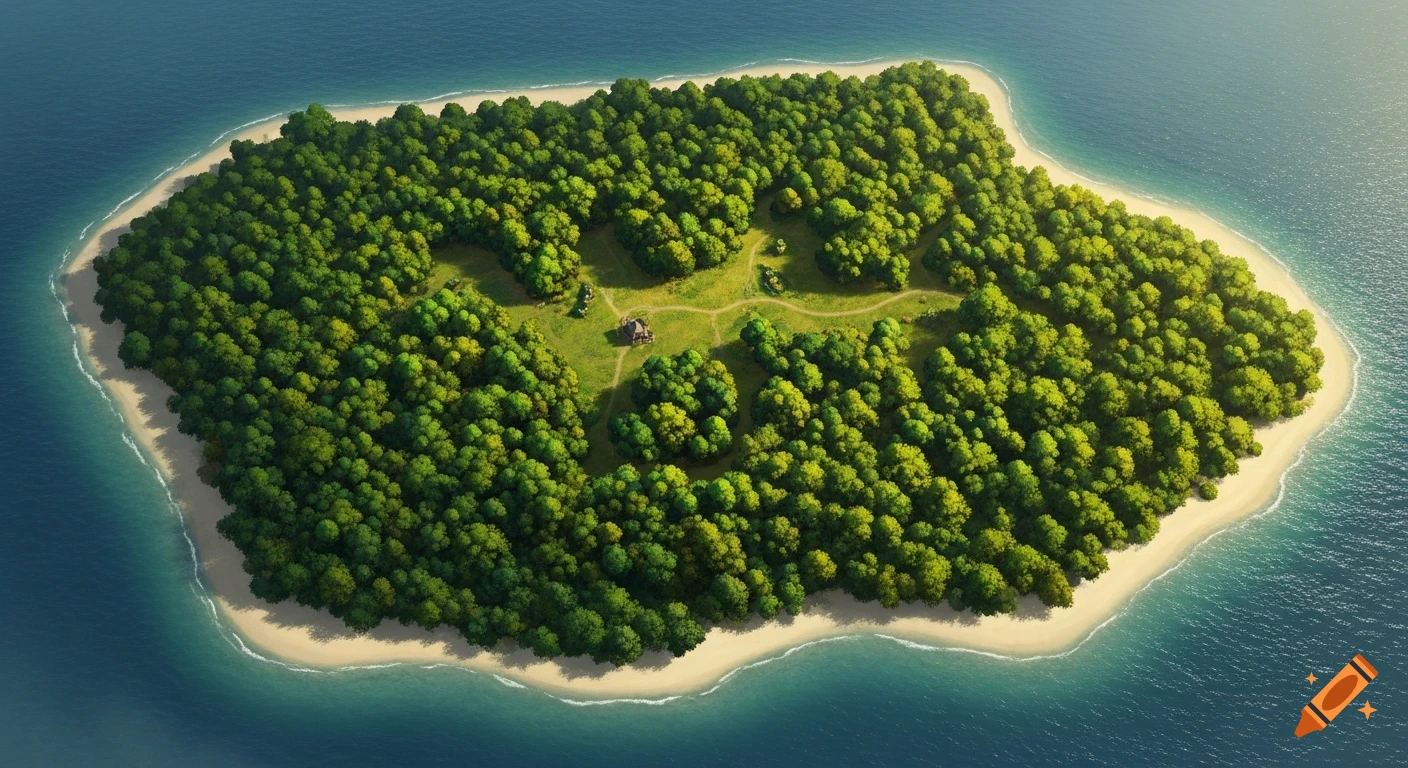A top-down stylized view of a lush green island with sandy beaches, surrounded by clear blue water. A small hut and winding paths are visible through the dense forest.